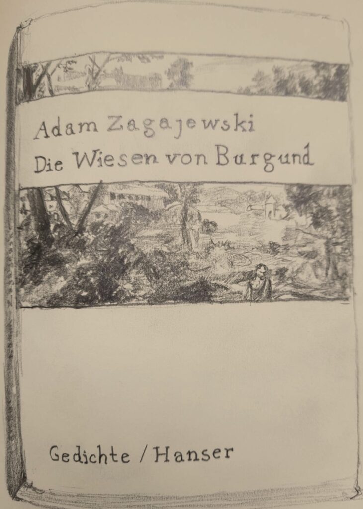 Zeichnung von Michael Hammerschmid des Covers des Gedichtbands "Die Wiesen von Burgund" von Adam Zagajewski